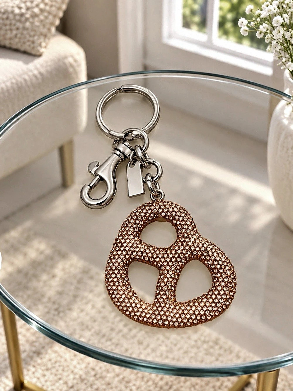 Crystal Pretzel Bag Charm Rhinestone Heart Keychain in Brown